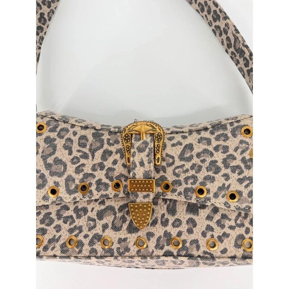Betsey Johnson Leopard Print Baguette Shoulder Bag Grommet Western Buckle Tan